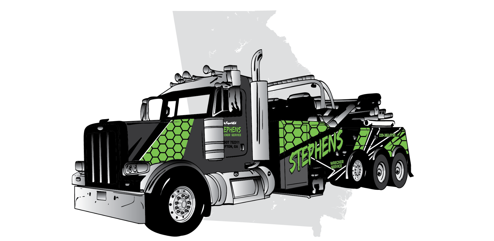 Stephen's Wrecker Service branded truck illustration